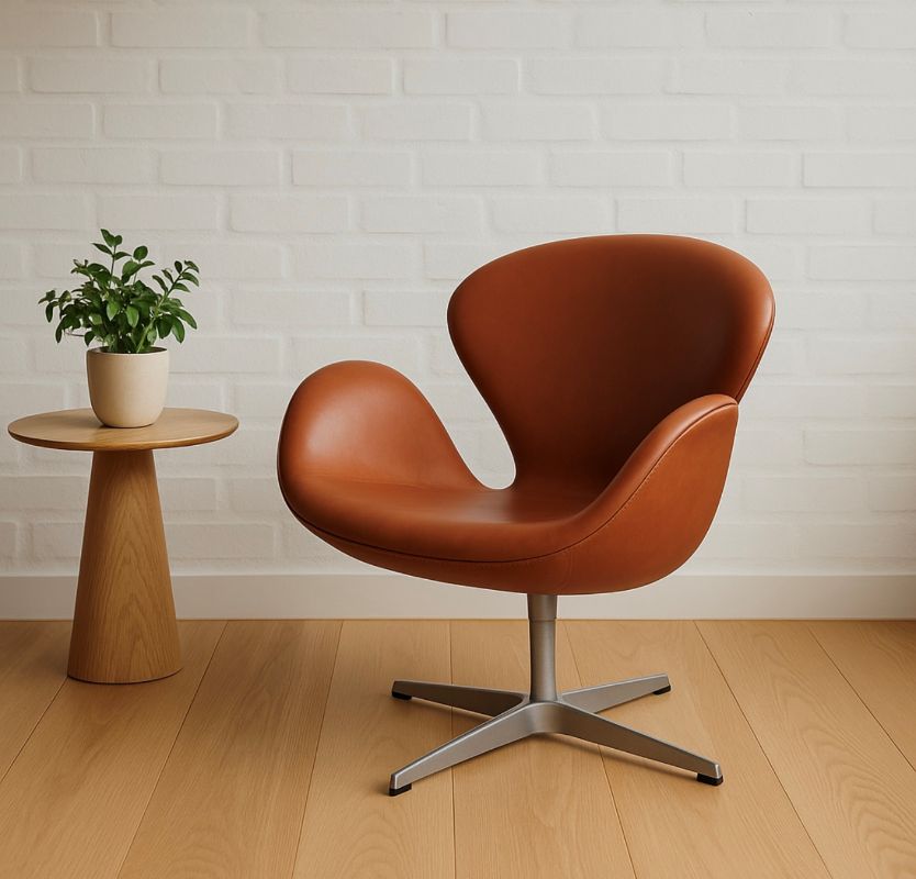 Svanen i Cognac farvet analin læder. Arne Jacobsen Dansk design